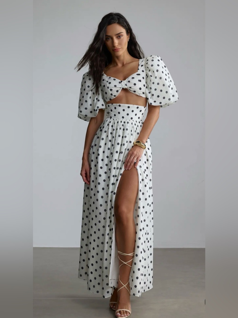 Polka Dot Puff Sleeve Crop Top - White & Black